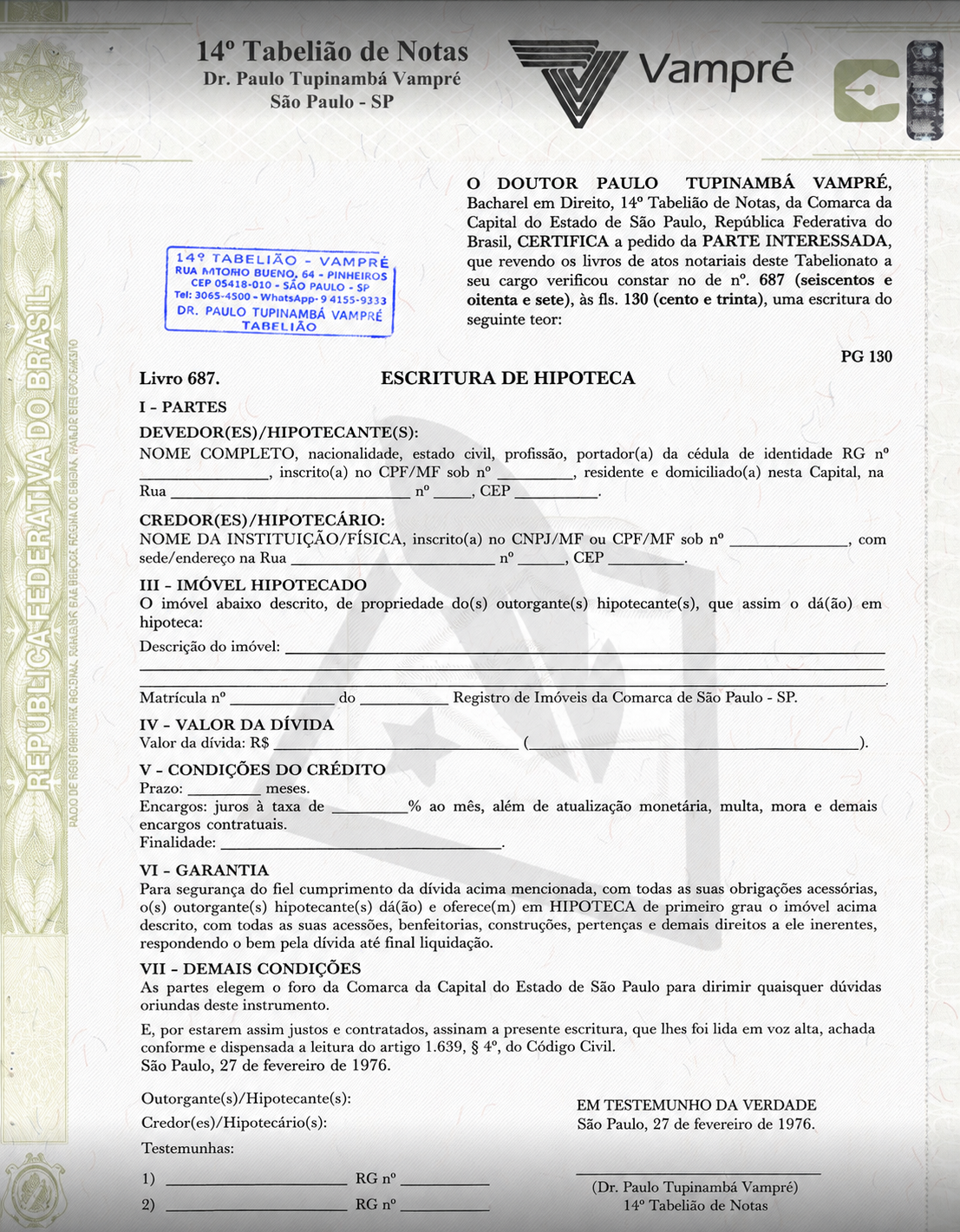 Certidão de Escritura de Hipoteca