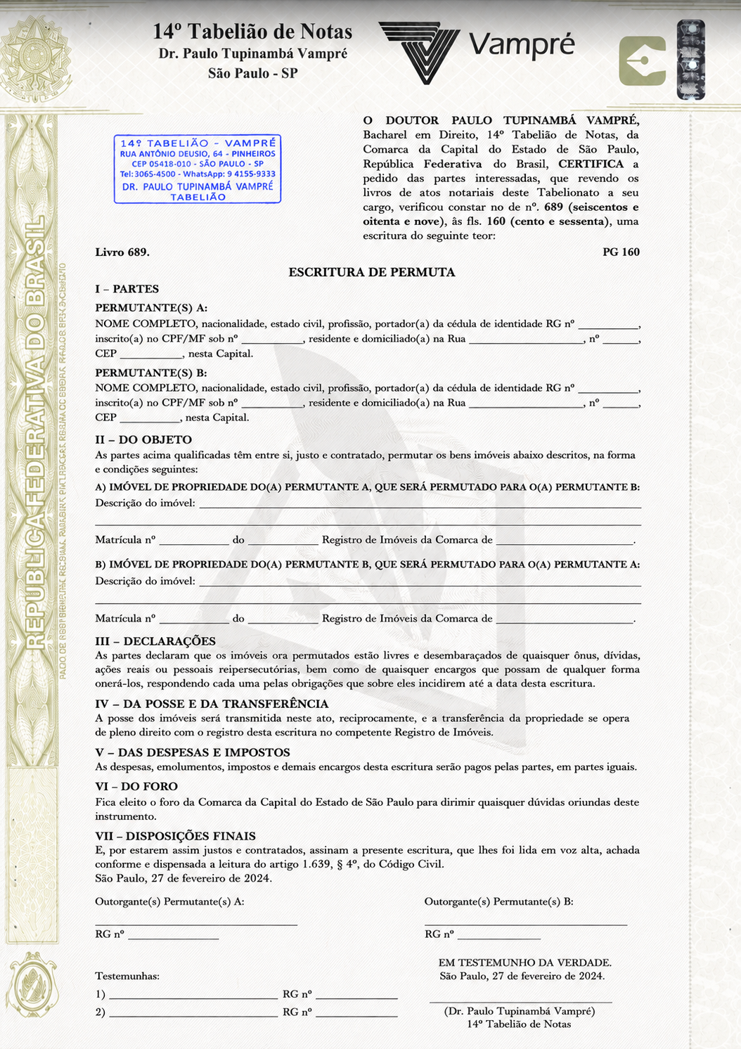 Certidão de Escritura de Permuta